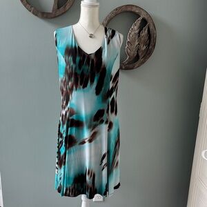 Sleeveless Teal & Brown Print V-neck Dress size